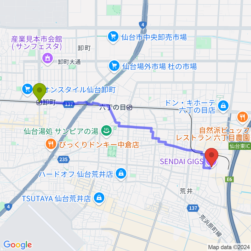 卸町駅から仙台ギグス SENDAI GIGSへのルートマップ地図