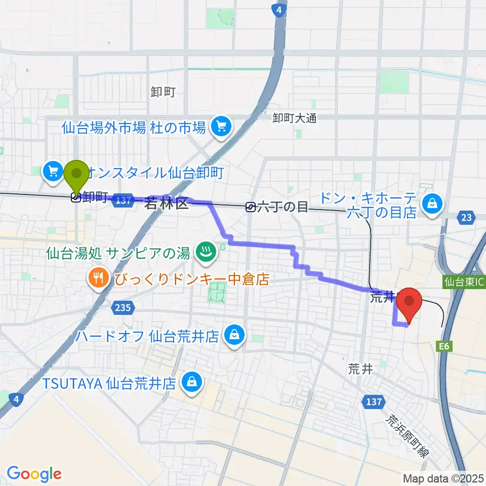 卸町駅からSENDAI GIGSへのルートマップ地図
