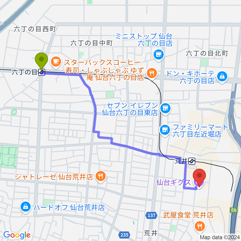 六丁の目駅から仙台ギグス SENDAI GIGSへのルートマップ地図