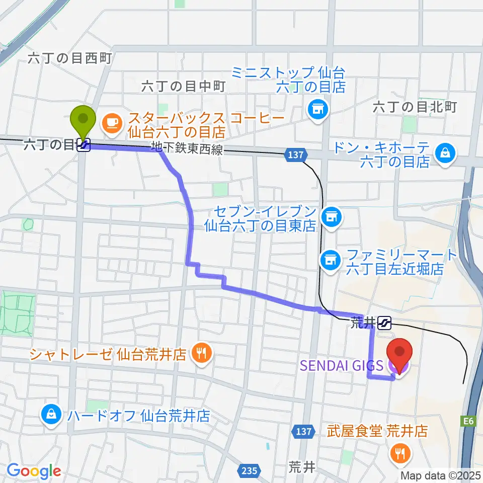 六丁の目駅から仙台ギグス SENDAI GIGSへのルートマップ地図