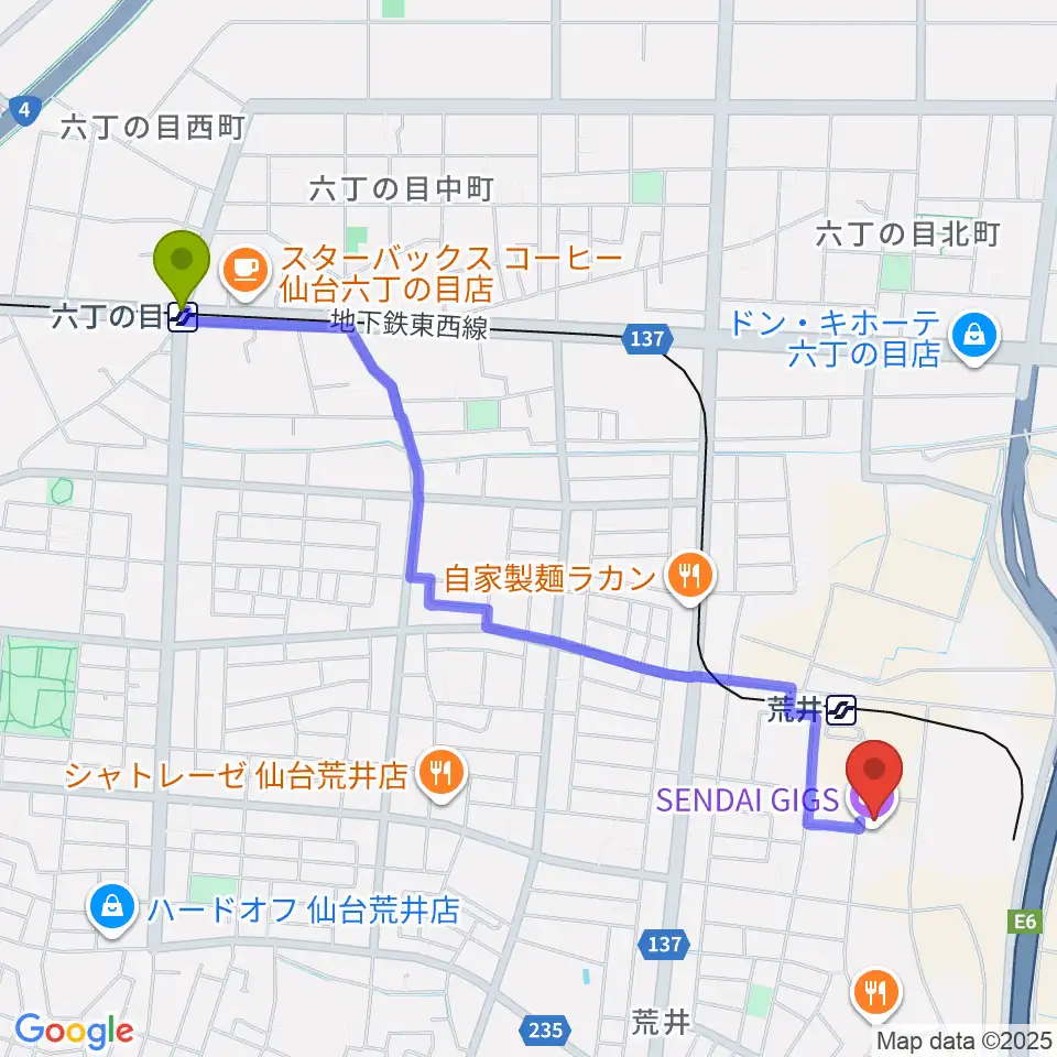 六丁の目駅から仙台ギグス SENDAI GIGSへのルートマップ地図