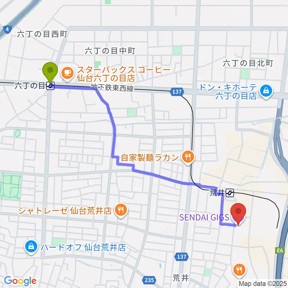 六丁の目駅からSENDAI GIGSへのルートマップ地図