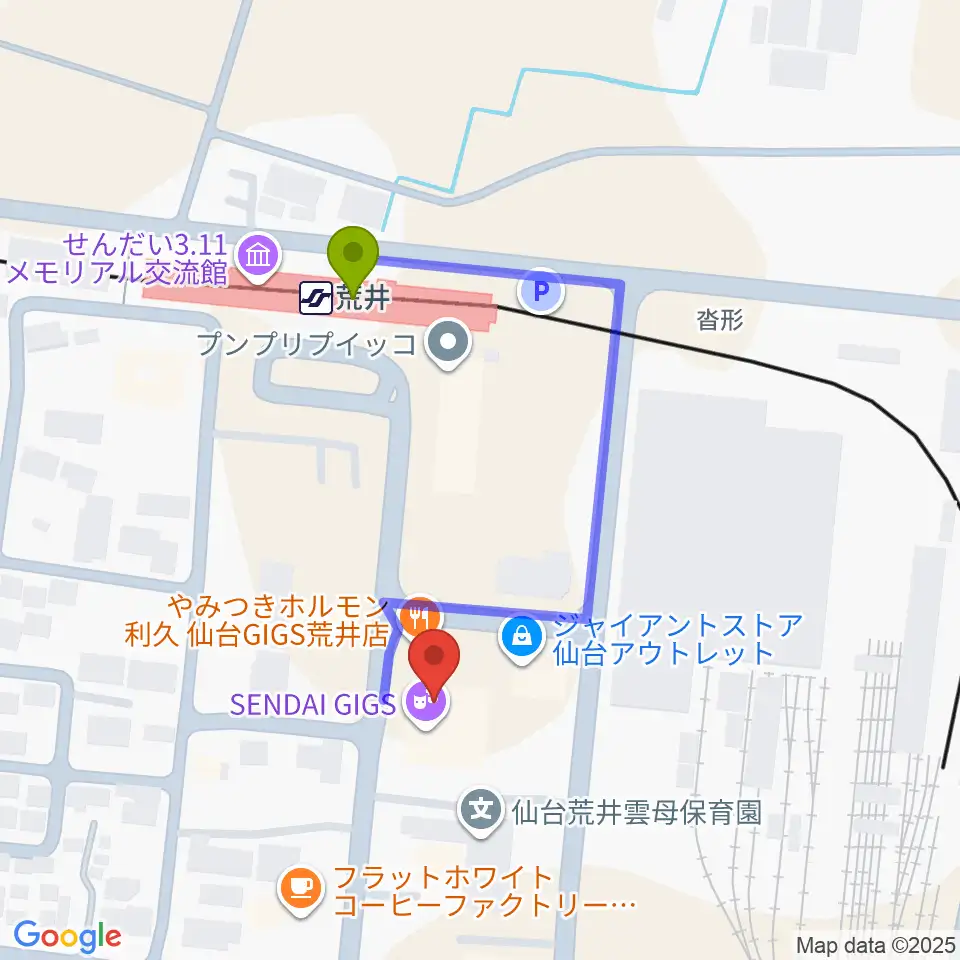仙台ギグス SENDAI GIGSの最寄駅荒井駅からの徒歩ルート（約3分）地図