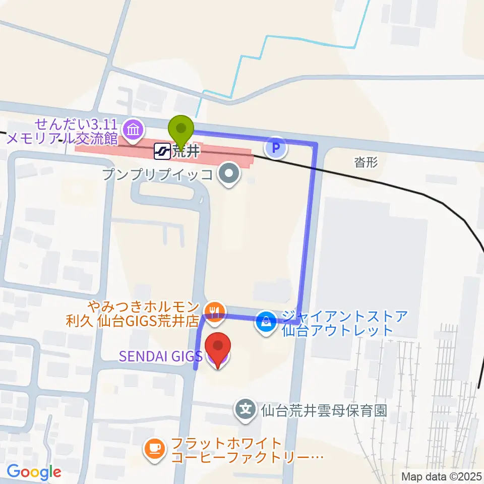 SENDAI GIGSの最寄駅荒井駅からの徒歩ルート（約3分）地図