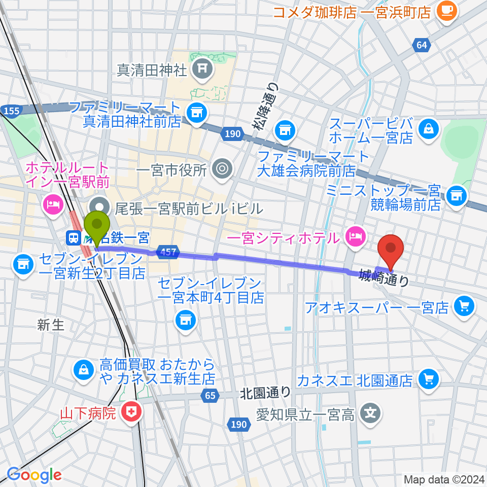 Studio 3kmの最寄駅尾張一宮駅からの徒歩ルート（約19分）地図