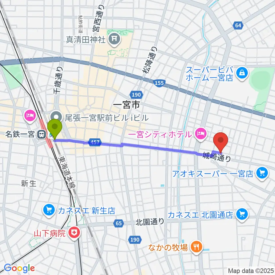 Studio 3kmの最寄駅尾張一宮駅からの徒歩ルート（約19分）地図