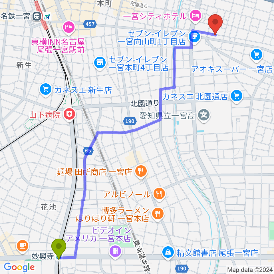 妙興寺駅からStudio 3kmへのルートマップ地図