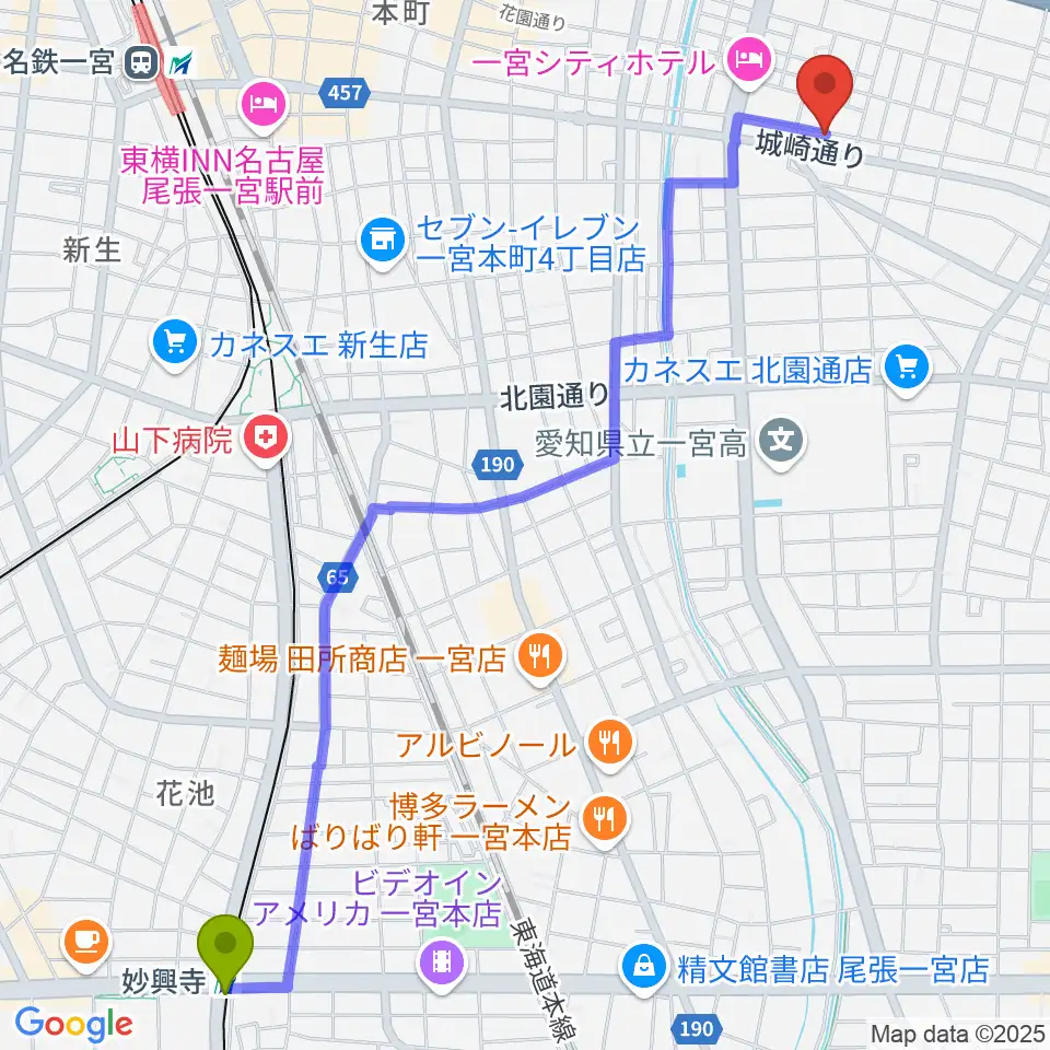 妙興寺駅からStudio 3kmへのルートマップ地図