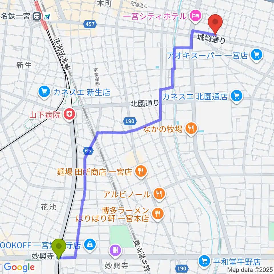 妙興寺駅からStudio 3kmへのルートマップ地図