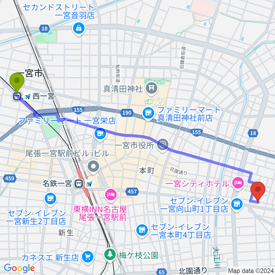 西一宮駅からStudio 3kmへのルートマップ地図