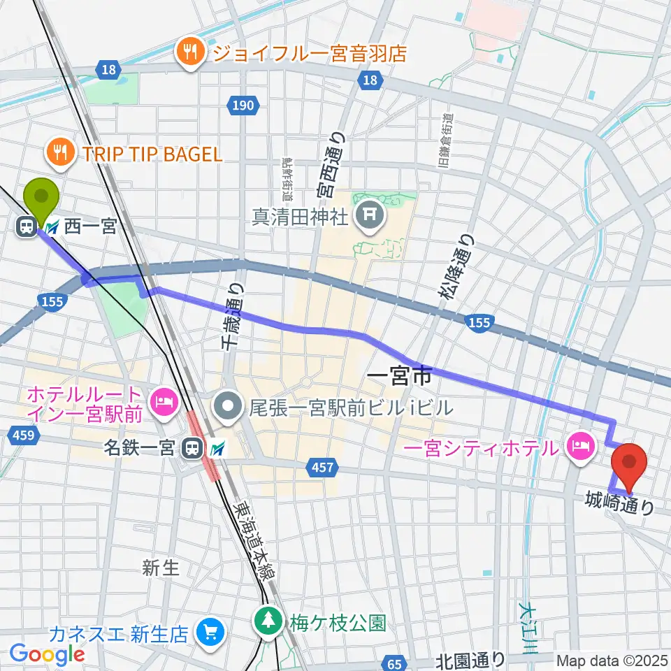 西一宮駅からStudio 3kmへのルートマップ地図