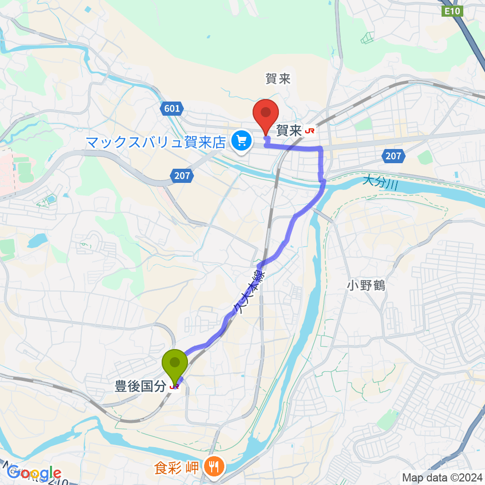 豊後国分駅からソニコドラム教室へのルートマップ地図