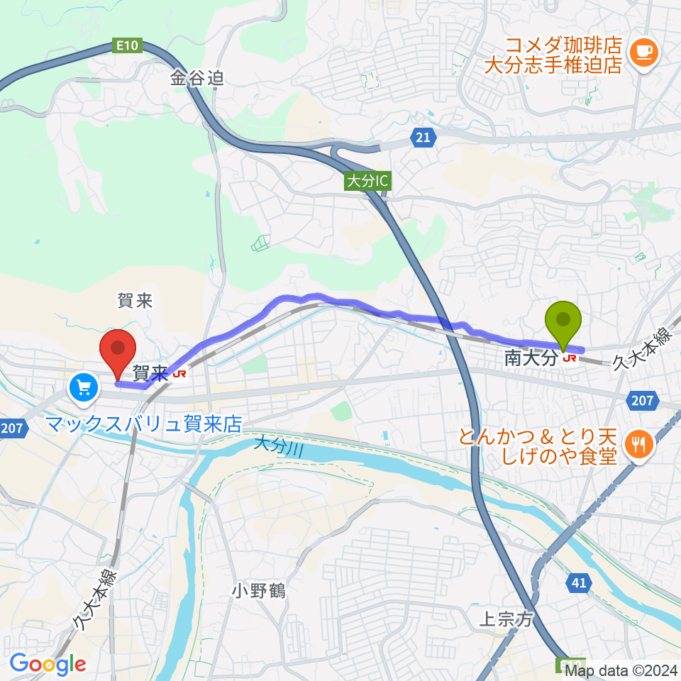 南大分駅からソニコドラム教室へのルートマップ地図