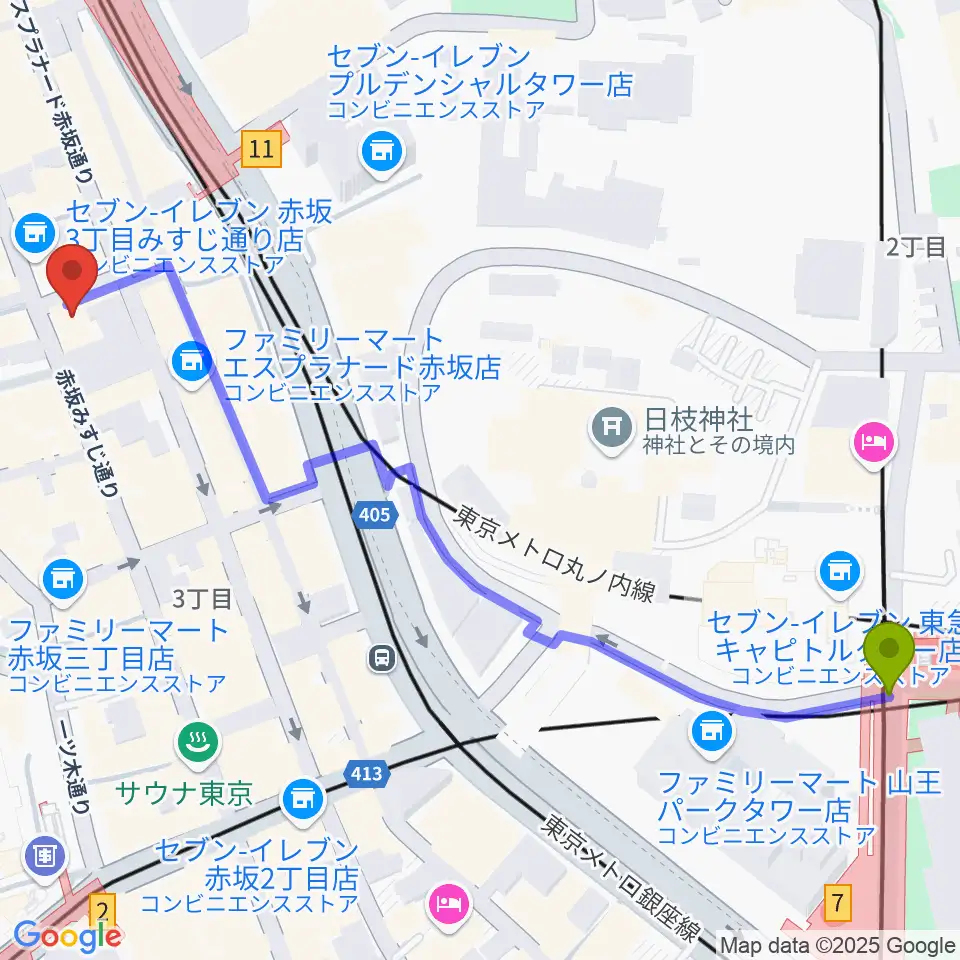 溜池山王駅から赤坂STAGE-1へのルートマップ地図