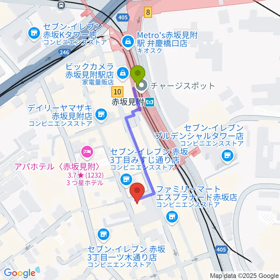 赤坂STAGE-1の最寄駅赤坂見附駅からの徒歩ルート（約3分）地図