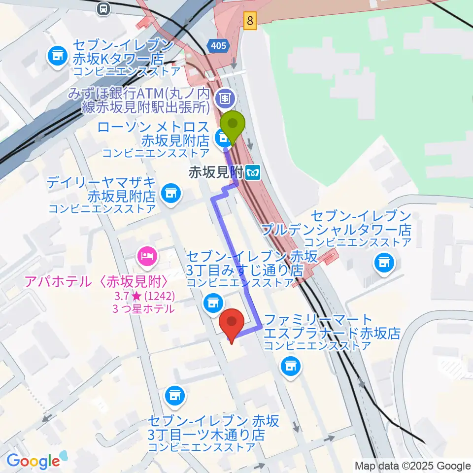 赤坂STAGE-1の最寄駅赤坂見附駅からの徒歩ルート（約3分）地図