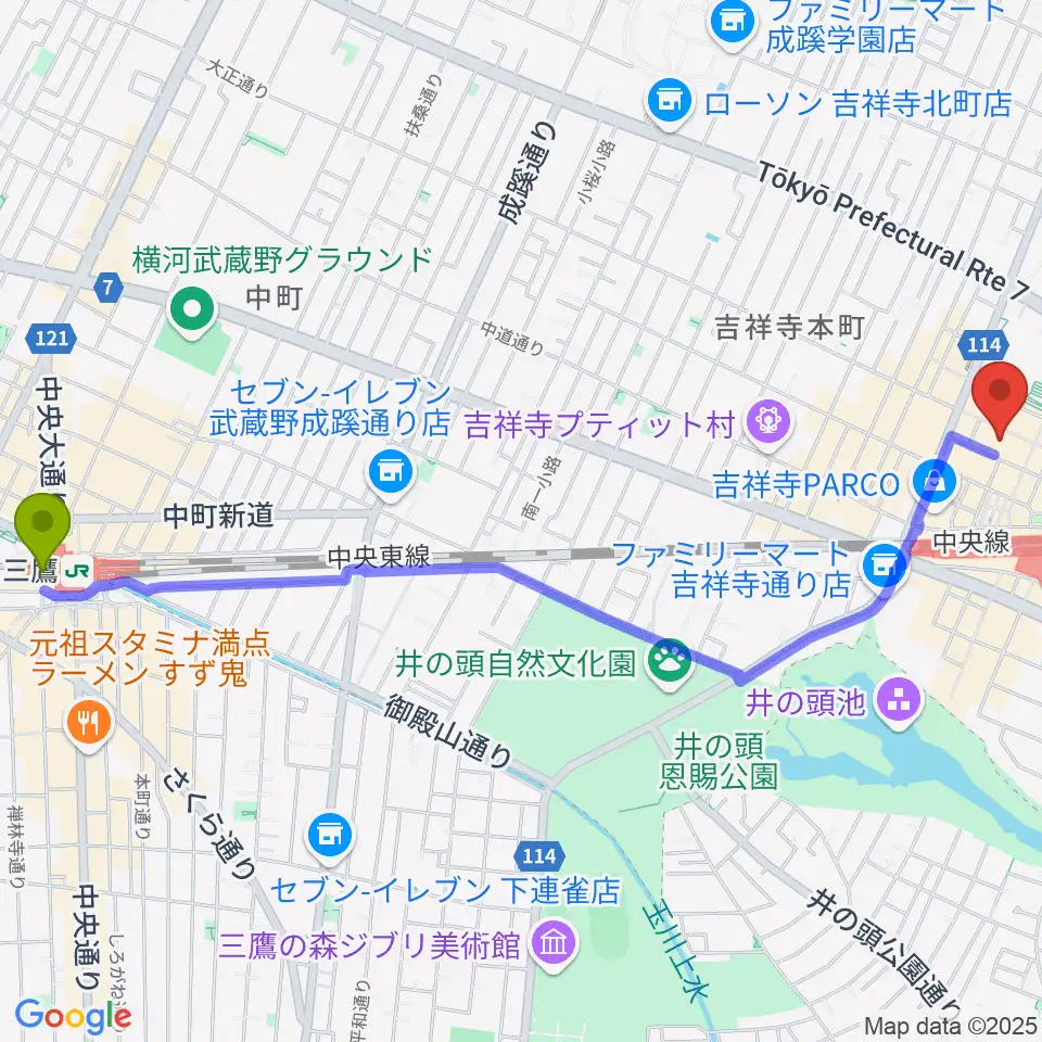 三鷹駅からHMV record shop コピス吉祥寺へのルートマップ地図