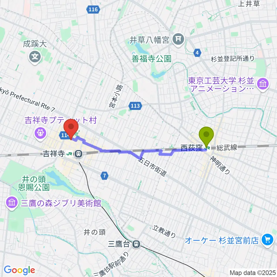 西荻窪駅からHMV record shop コピス吉祥寺へのルートマップ地図