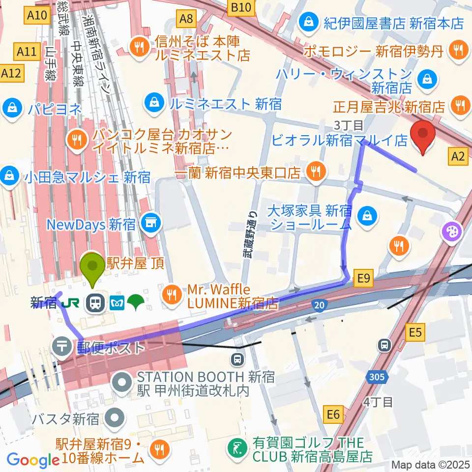 新宿駅からHMV record shop 新宿へのルートマップ地図