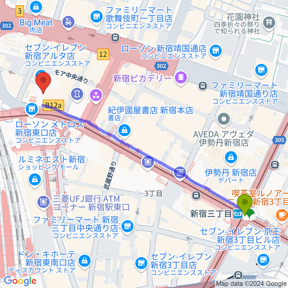 新宿三丁目駅からHMVレコードショップ新宿ALTAへのルートマップ地図