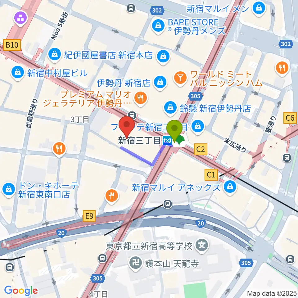 HMV record shop 新宿の最寄駅新宿三丁目駅からの徒歩ルート（約1分）地図