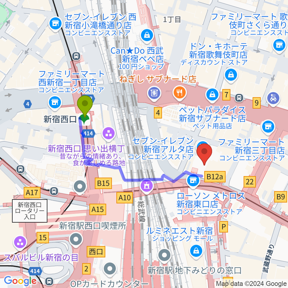 HMVレコードショップ新宿ALTAの最寄駅新宿西口駅からの徒歩ルート（約3分）地図