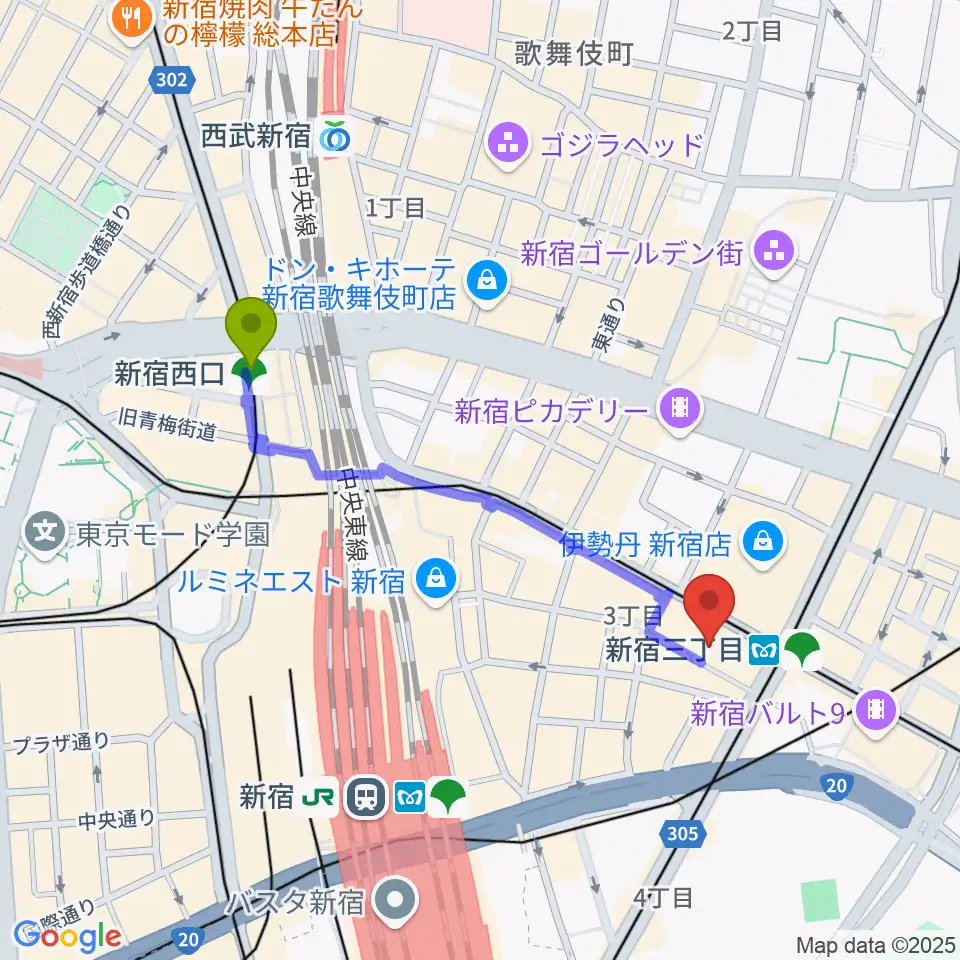 新宿西口駅からHMV record shop 新宿へのルートマップ地図
