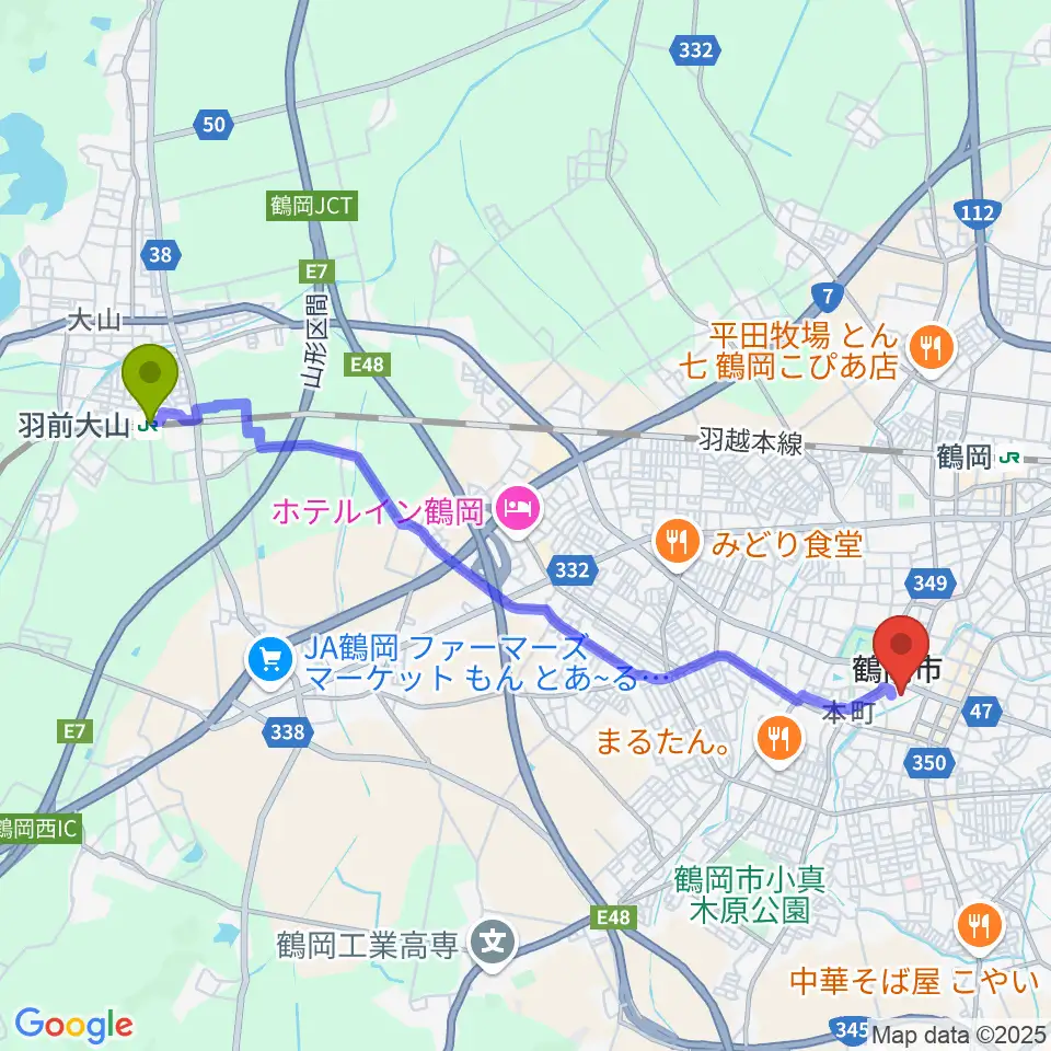 羽前大山駅から荘銀タクト鶴岡へのルートマップ地図