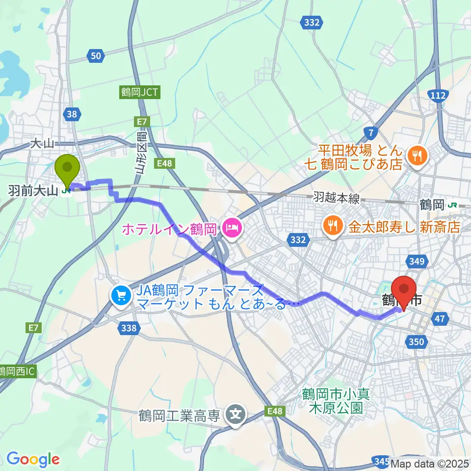 羽前大山駅から荘銀タクト鶴岡へのルートマップ地図