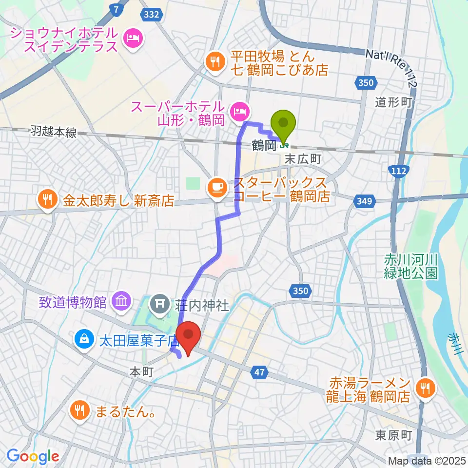 荘銀タクト鶴岡の最寄駅鶴岡駅からの徒歩ルート（約29分）地図