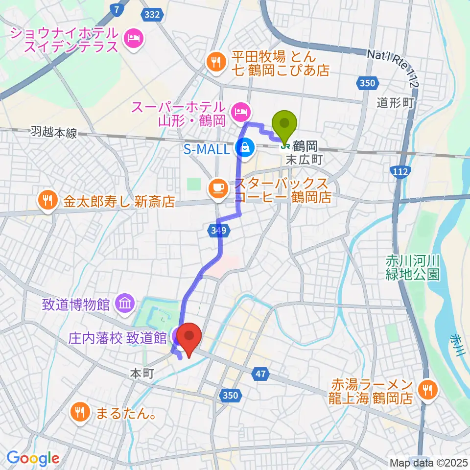 荘銀タクト鶴岡の最寄駅鶴岡駅からの徒歩ルート（約29分）地図