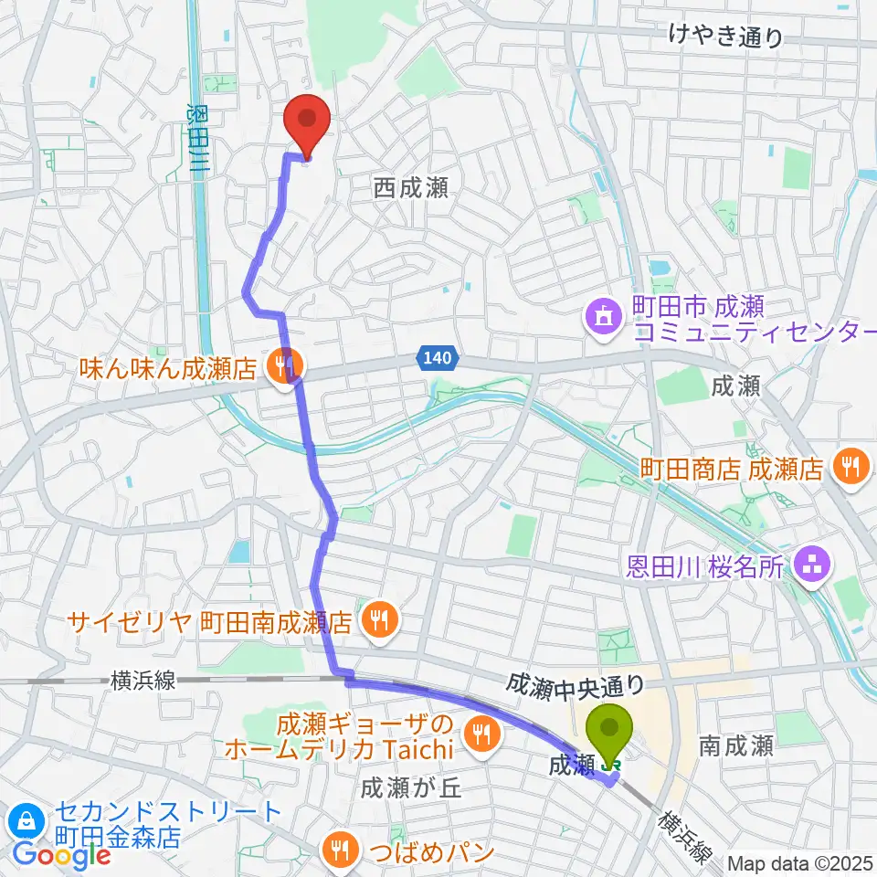 ほそかわ音楽教室の最寄駅成瀬駅からの徒歩ルート（約24分）地図
