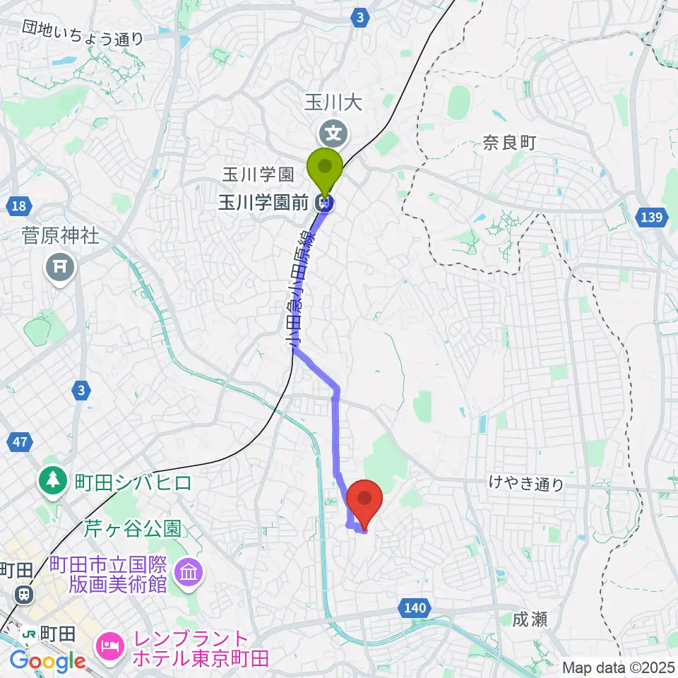 玉川学園前駅からほそかわ音楽教室へのルートマップ地図