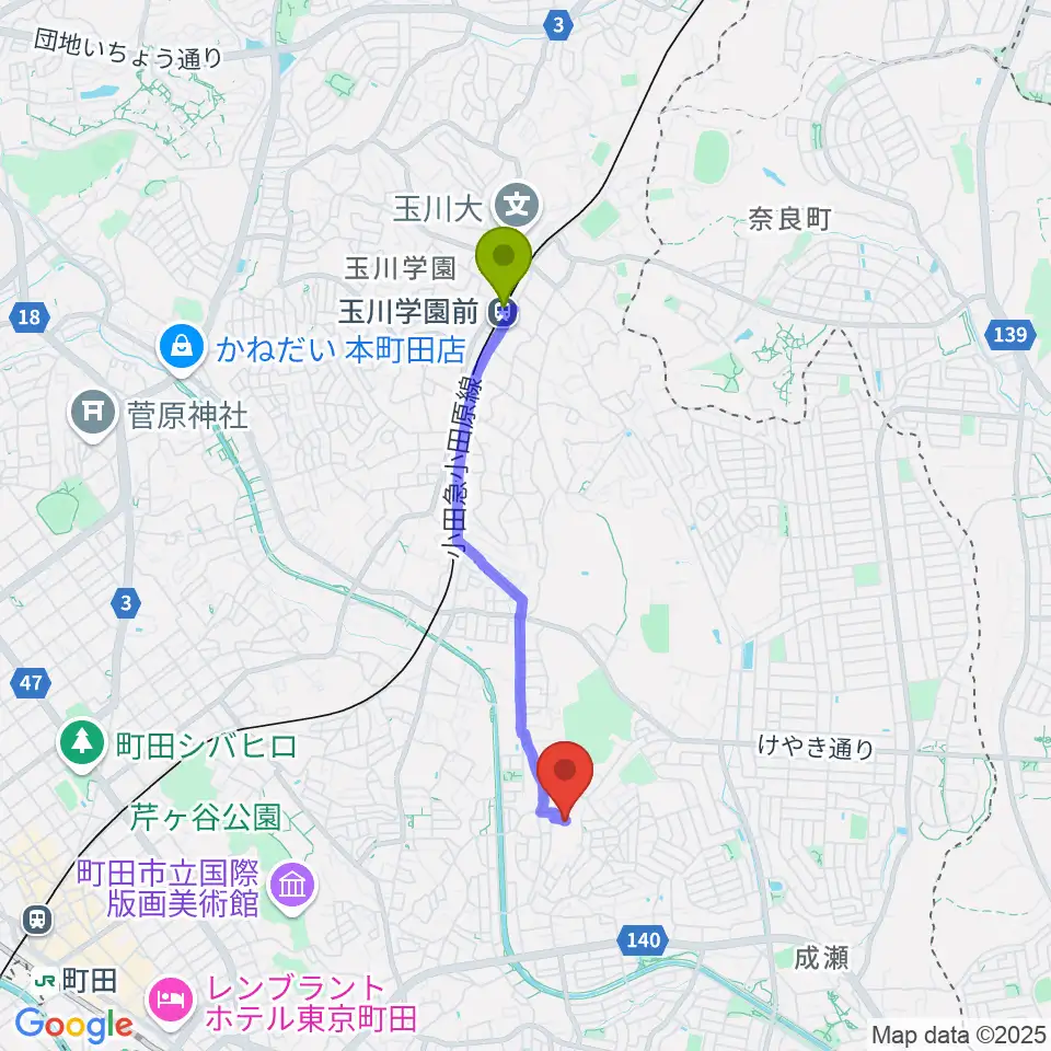 玉川学園前駅からほそかわ音楽教室へのルートマップ地図