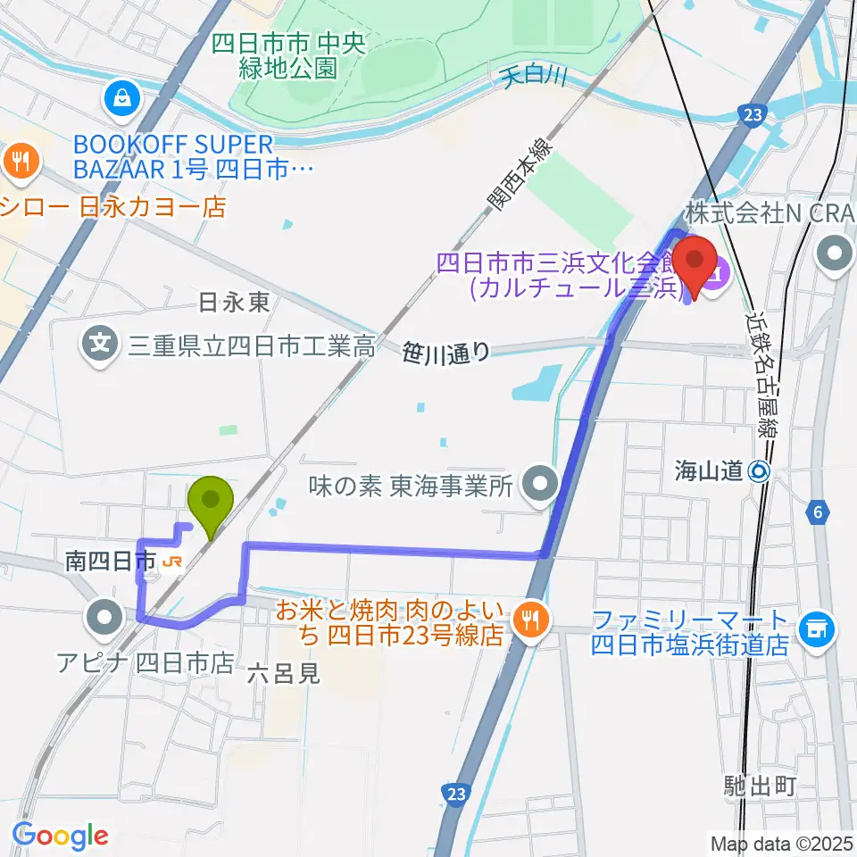 南四日市駅から四日市市三浜文化会館 カルチュール三浜へのルートマップ地図