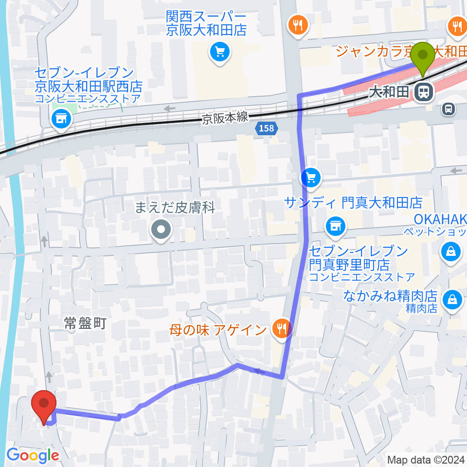 なかいピアノ・エレクトーン教室の最寄駅大和田駅からの徒歩ルート（約9分）地図