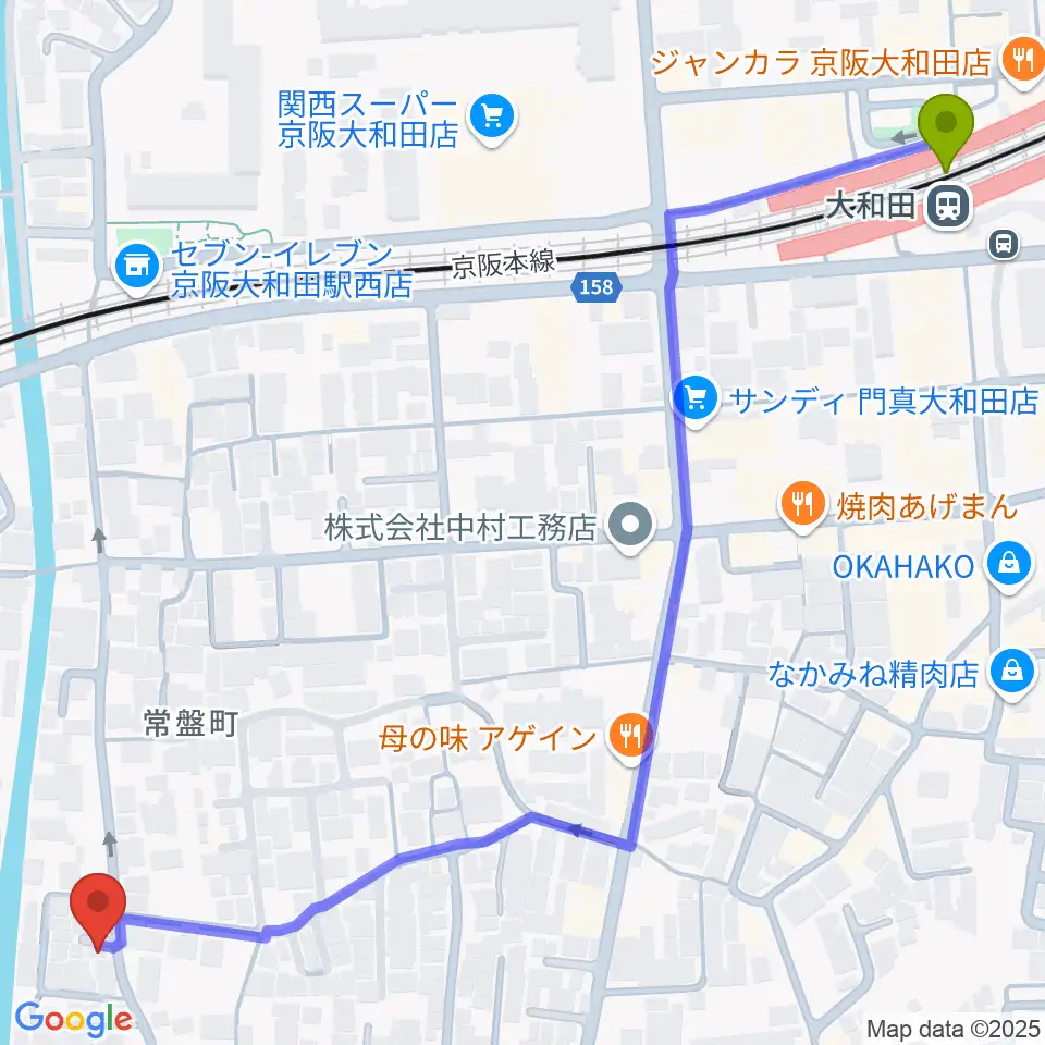 なかいピアノ・エレクトーン教室の最寄駅大和田駅からの徒歩ルート（約9分）地図