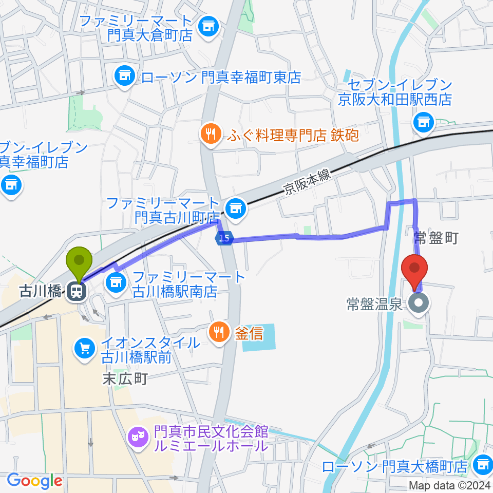 古川橋駅からなかいピアノ・エレクトーン教室へのルートマップ地図