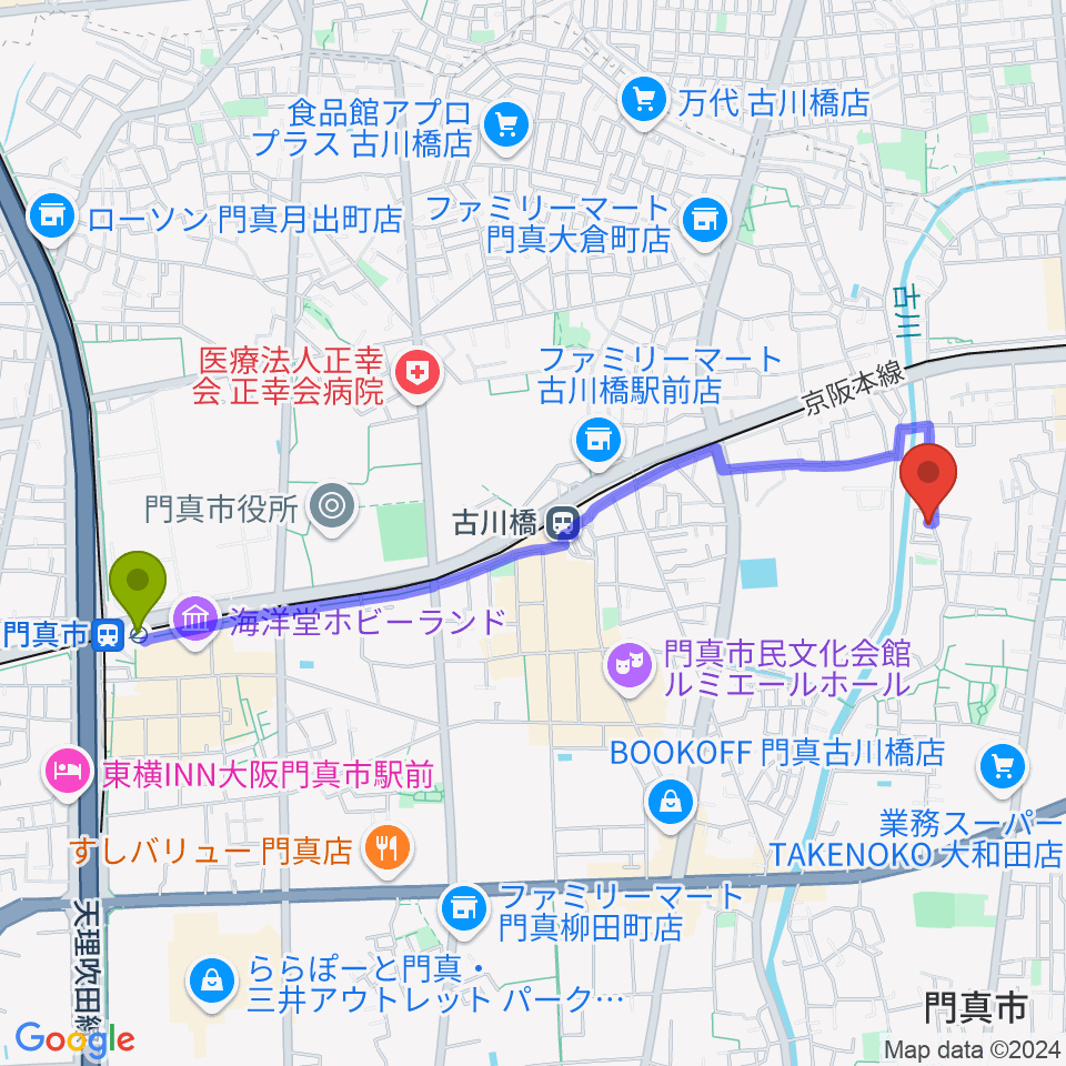 門真市駅からなかいピアノ・エレクトーン教室へのルートマップ地図