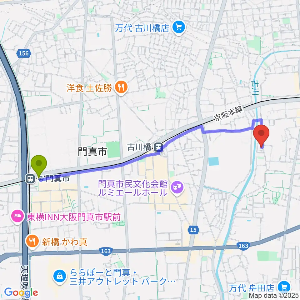 門真市駅からなかいピアノ・エレクトーン教室へのルートマップ地図