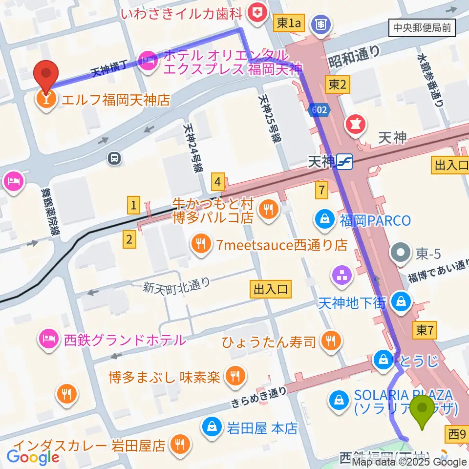 西鉄福岡（天神）駅からサウンドブギー天神親不孝通り店へのルートマップ地図