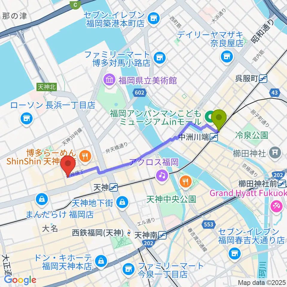 中洲川端駅からサウンドブギー天神親不孝通り店へのルートマップ地図