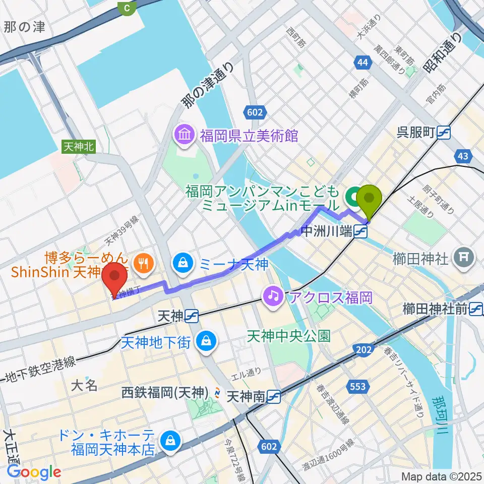 中洲川端駅からサウンドブギー天神親不孝通り店へのルートマップ地図