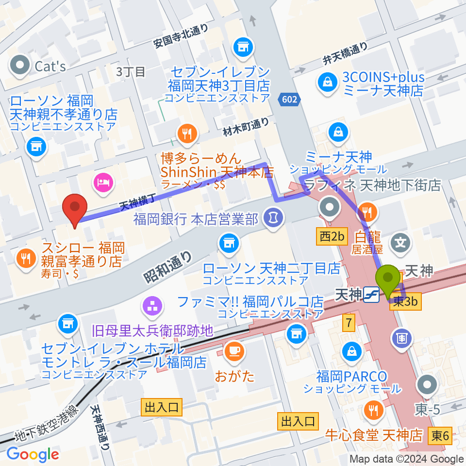 サウンドブギー天神親不孝通り店の最寄駅天神駅からの徒歩ルート（約5分）地図