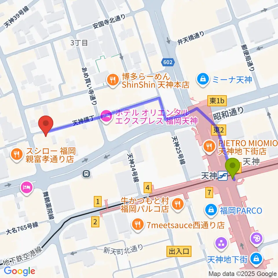 サウンドブギー天神親不孝通り店の最寄駅天神駅からの徒歩ルート（約5分）地図