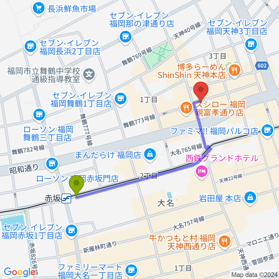 赤坂駅からサウンドブギー天神親不孝通り店へのルートマップ地図