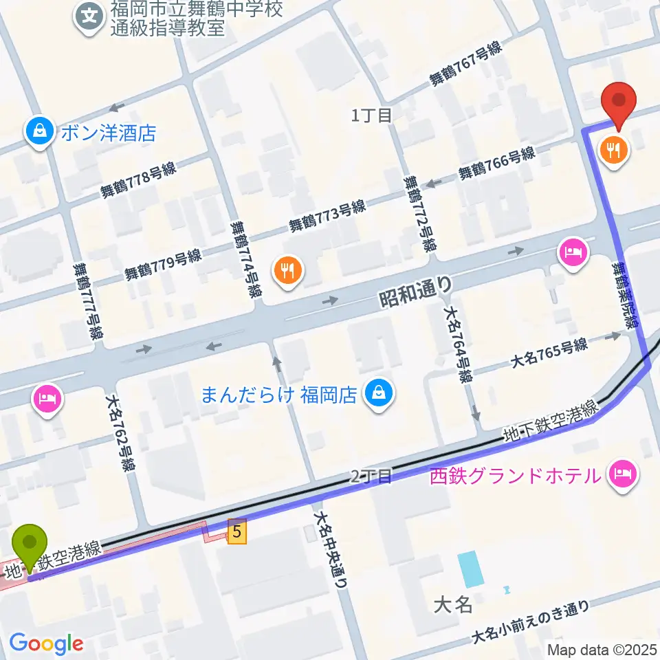 赤坂駅からサウンドブギー天神親不孝通り店へのルートマップ地図