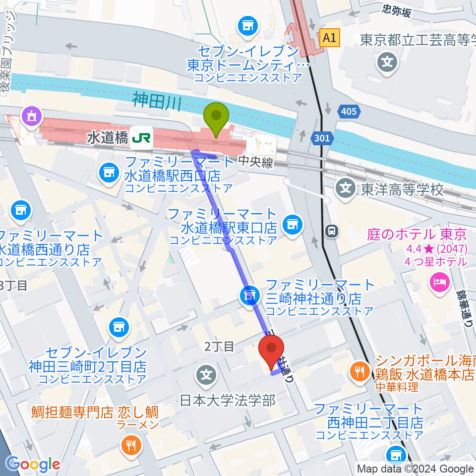 アクアダクトスタジオの最寄駅水道橋駅からの徒歩ルート（約4分）地図