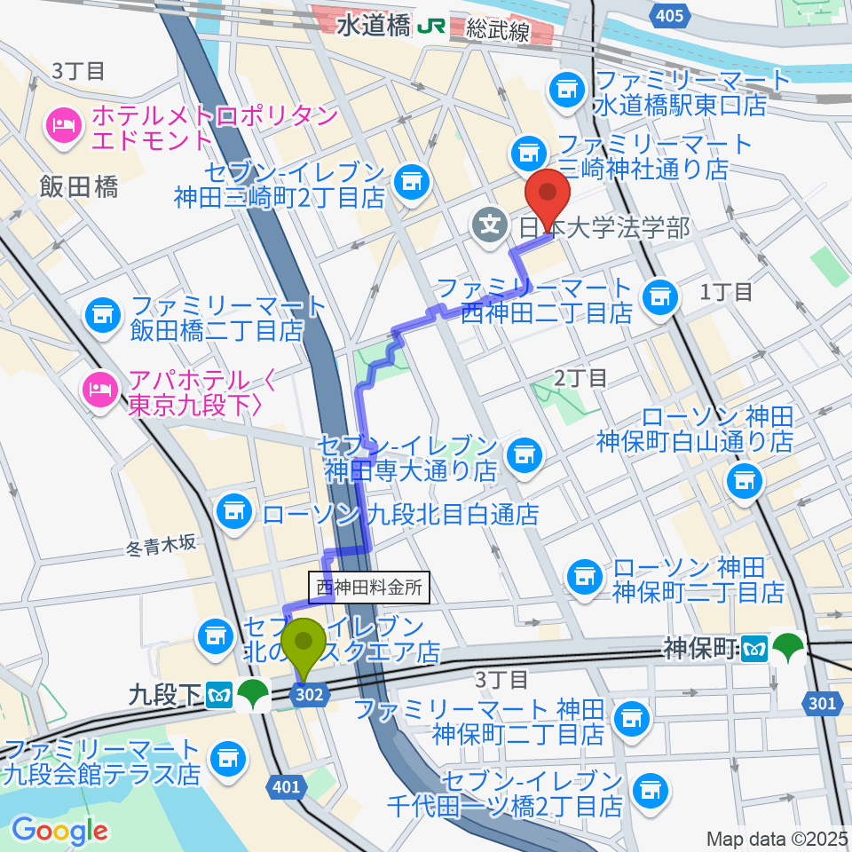 九段下駅からアクアダクトスタジオへのルートマップ地図