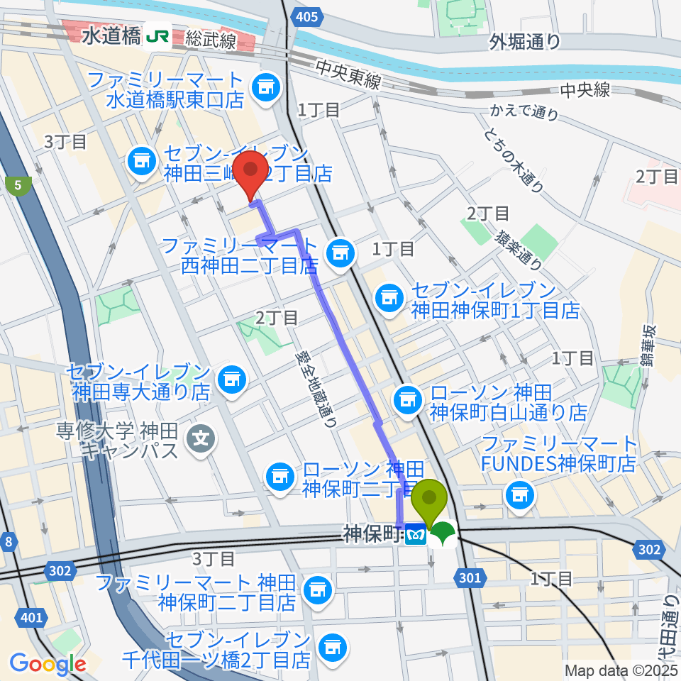 神保町駅からアクアダクトスタジオへのルートマップ地図